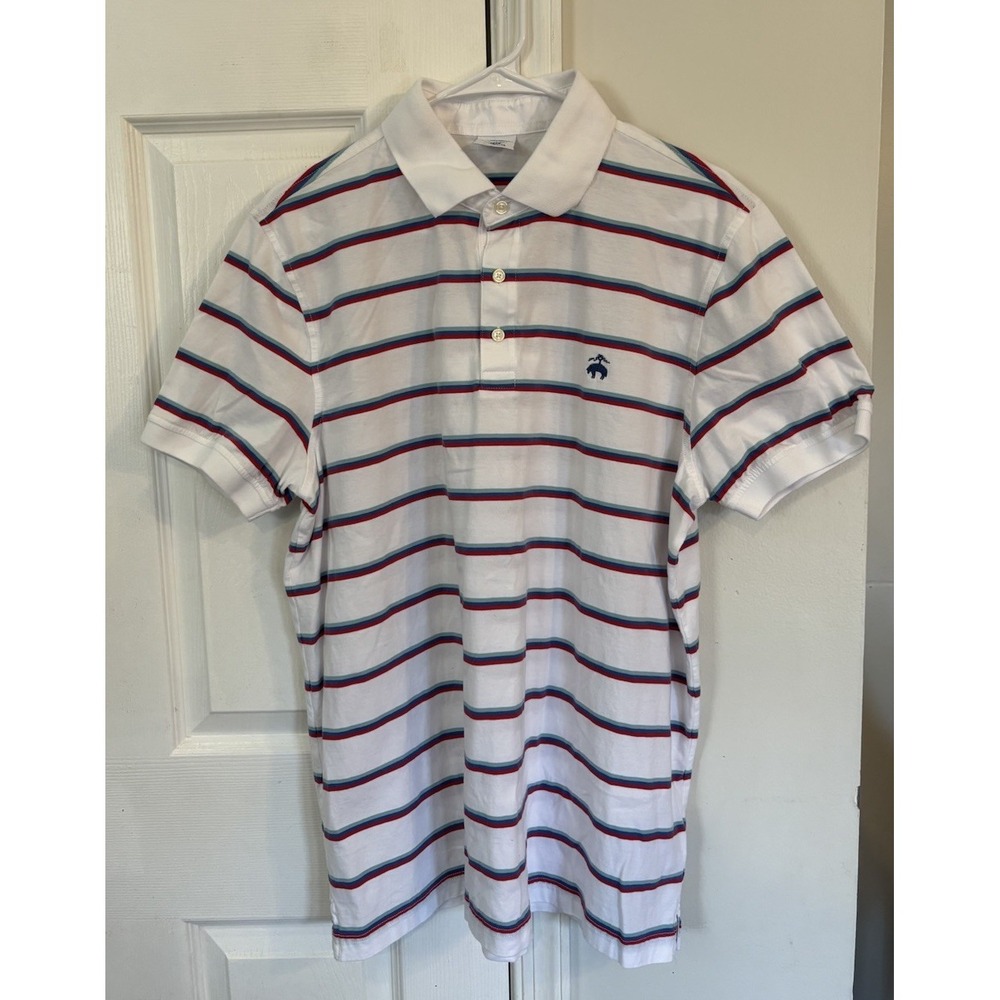 Brooks Brother‎ Men's Short Sleeve Polo Shirt Size XL White With Stripes Cotten